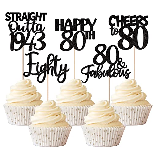 Rsstarxi 30 Stück gerade Outta 1943 Cupcake-Topper mit schwarzem Glitzer zum 30. Geburtstag, Cupcake-Picker mit Aufschrift "Eighty Cheers to 80 Fabulous Cupcake-Topper für 80. Geburtstag, Party, Kuchendekorationen von Rsstarxi