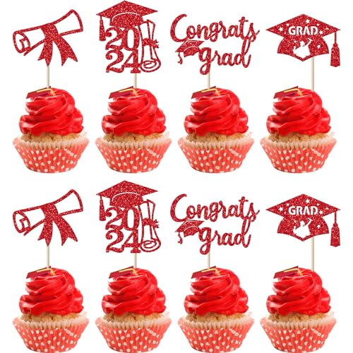 Rsstarxi 36 Stück 2023 Abschlussfeier Cupcake Topper Rot Glitter Klasse 2023 Abschlusskappe Diplom Cupcake Picks für Congrats Grade 2023 Abschluss Thema Party Kuchen Dekorationen von Rsstarxi