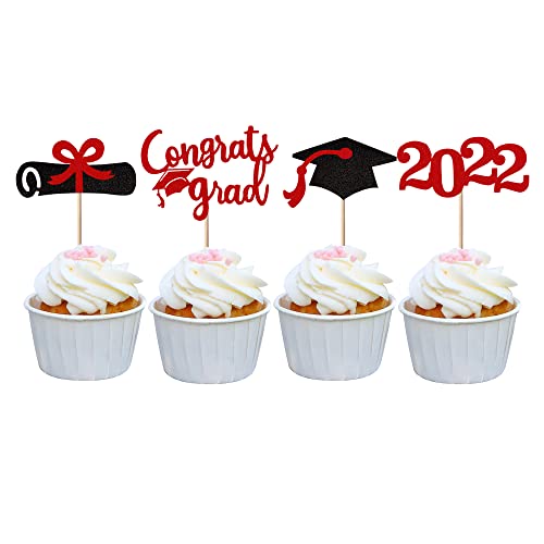 Rsstarxi 36 Stück Congrats Grade 2022 Cupcake Toppers Glitter Grade Cap Diploma Cupcake Picks Klasse von 2022 Graduation Theme Party Cake Decorations Supplies Red von Rsstarxi