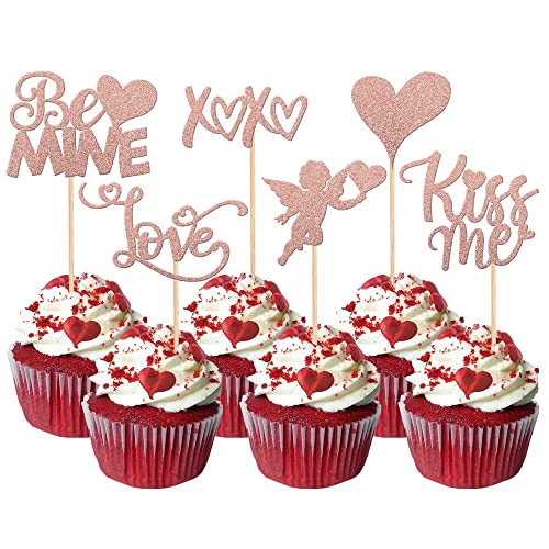 Rsstarxi 36 Stück Happy Valentine's Day Cupcake Topper Glitzer Amor Kiss Me Love Herz Lippe Cupcake Picks Be Mine Kuchendekorationen für Valentinstag Thema Brautdusche Party Supplies Rose Gold von Rsstarxi