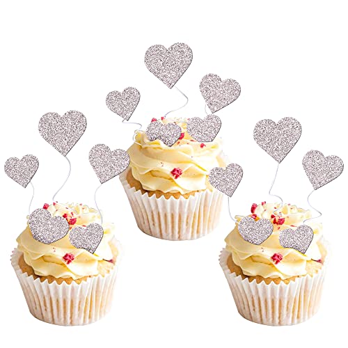 Rsstarxi 40 Stück Liebe Herz Cupcake Topper Glitzer Valentinstag Herz Cupcake Picks Hochzeit Verlobung Kuchen Dekorationen für Valentinstag Thema Brautdusche Party Supplies Silber von Rsstarxi