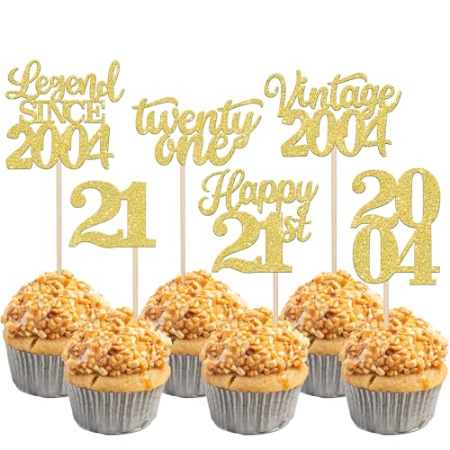 Rsstarxi 48 Stück Gold Glitter Vintage 2002 Cupcake Topper Legend Since 2002 Twenty One Cupcake Picks Happy 21st Number 21 Cupcake Topper für 21. Geburtstag Hochzeit Jahrestag Party Kuchen Dekorationen Zubehör von Rsstarxi