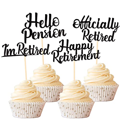 Rsstarxi Cupcake-Topper mit Aufschrift "Happy Retirement", schwarzer Glitzer, Aufschrift "I'm Retirement", offizielles Retirement", 24 Stück von Rsstarxi