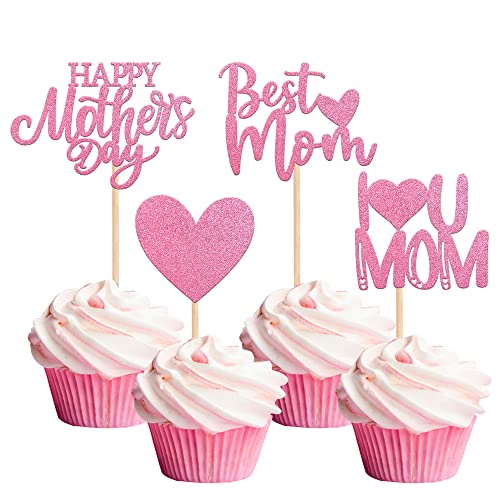 Rsstarxi Cupcake-Topper mit Glitzer-Herz und Aufschrift "Happy Mother's Day", Aufschrift "Best Mom I Love You", 24 Stück, Pink von Rsstarxi