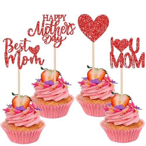 Rsstarxi Cupcake-Topper mit Glitzer-Herz und Aufschrift "Happy Mother's Day", Aufschrift "Best Mom I Love You", 24 Stück, Rot von Rsstarxi