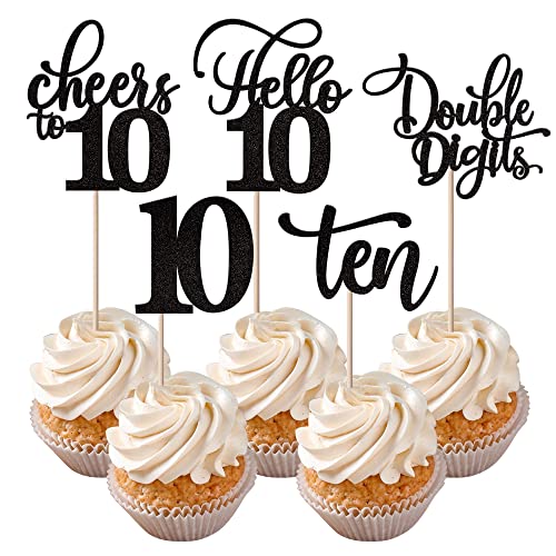 Rsstarxi Cupcake-Topper zum 10. Geburtstag, schwarzer Glitzer, zehn Doppel-Hallo 10 Cupcake-Picker Cheers to 10 Years old, 30 Stück von Rsstarxi