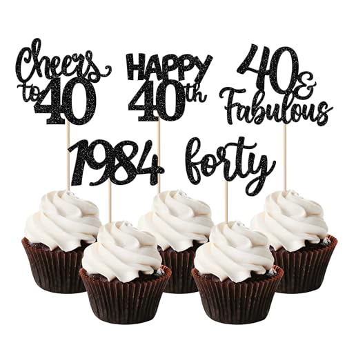 Rsstarxi Cupcake-Topper zum 40. Geburtstag, glitzernd, vierzig seit 1983, Cheers to 40 Years Old Birthday Cupcake-Picks für Happy 40th Birthday Anniversary Party Kuchen Dekorationen Supplies Schwarz, 30 Stück von Rsstarxi