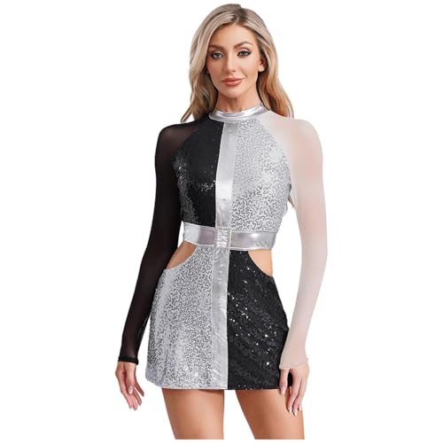 Rswnyirn Damen 60er 70er Jahre Disco Kostüm Langarm Partykleid mit Rollkragen Pailletten Tanzkostüm Mottoparty Weiß 4XL von Rswnyirn