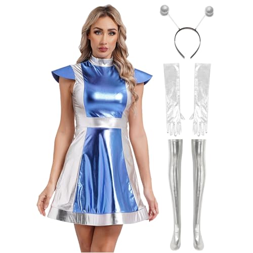 Rswnyirn Damen Alien Kostüm Halloween Karneval Rollenspiel Kostüm Set Metallic Minikleid Kurz Kleider mit Zubehör Mottoparty Kostüm Blau 3XL von Rswnyirn