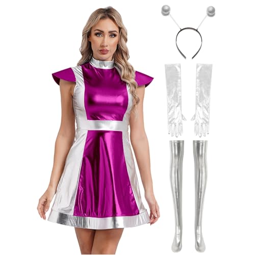 Rswnyirn Damen Alien Kostüm Halloween Karneval Rollenspiel Kostüm Set Metallic Minikleid Kurz Kleider mit Zubehör Mottoparty Kostüm Hot Pink 3XL von Rswnyirn