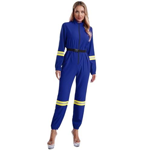 Rswnyirn Damen Feuerwehrfrau Kostüm Uniform Overall Einteiler Jumpsuit Strampler Halloween Mottoparty Karneval Rollenspiel Kostüm Königsblau 3XL von Rswnyirn