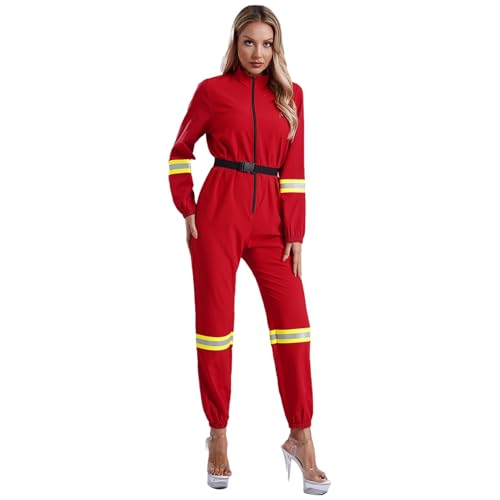 Rswnyirn Damen Feuerwehrfrau Kostüm Uniform Overall Einteiler Jumpsuit Strampler Halloween Mottoparty Karneval Rollenspiel Kostüm Rot 3XL von Rswnyirn