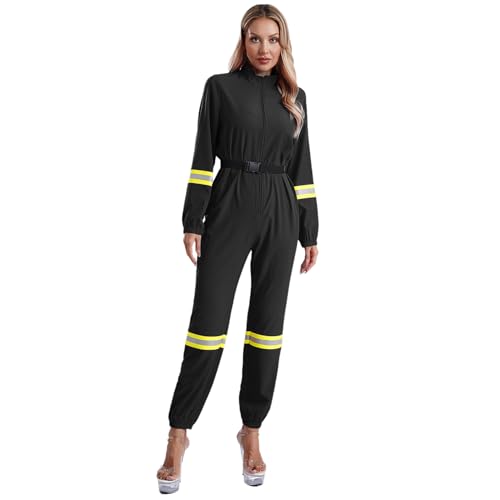 Rswnyirn Damen Feuerwehrfrau Kostüm Uniform Overall Einteiler Jumpsuit Strampler Halloween Mottoparty Karneval Rollenspiel Kostüm Schwarz 3XL von Rswnyirn