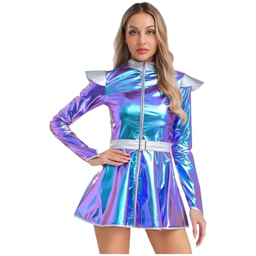 Rswnyirn Damen Glänzend Alien Weltraum Kostüm Langarm Minikleid mit Gürtel Shiny Space Girl Rollenspiel Kostüm Mottoparty Halloween Blau 4XL Rswnyirn Damen Glänzend Alien Weltraum Kostüm Langarm Minikleid mit Gürtel Shiny Space Girl Rollenspiel Kostüm Mottoparty Halloween Blau 4XL von Rswnyirn