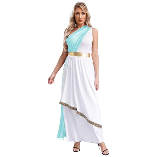 Rswnyirn Damen Göttin Kostüm Griechisches Toga Kostüm Antike Römer Verkleidung Kleid Ein-Schulder Maxikleid Elegant Karneval Kostüm Hellblau 3XL von Rswnyirn