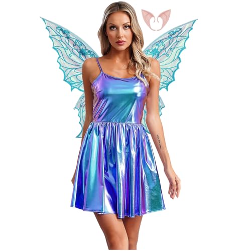 Rswnyirn Damen Metallic Feen Kostüm Elfen Rollenspiel Kostüm Minikleid A-Linien Kleid mit Flügel Fasching Halloween Kostüm Blau L von Rswnyirn