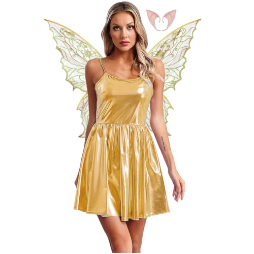 Rswnyirn Damen Metallic Feen Kostüm Elfen Rollenspiel Kostüm Minikleid A-Linien Kleid mit Flügel Fasching Halloween Kostüm Gold L von Rswnyirn