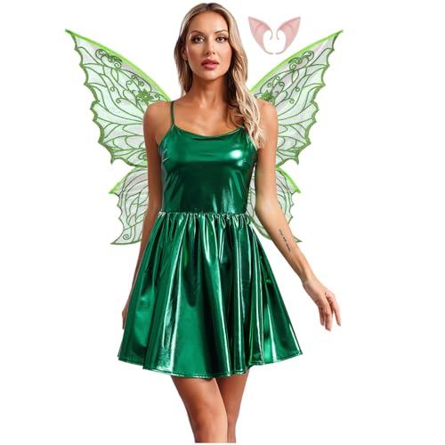 Rswnyirn Damen Metallic Feen Kostüm Elfen Rollenspiel Kostüm Minikleid A-Linien Kleid mit Flügel Fasching Halloween Kostüm Grün L von Rswnyirn