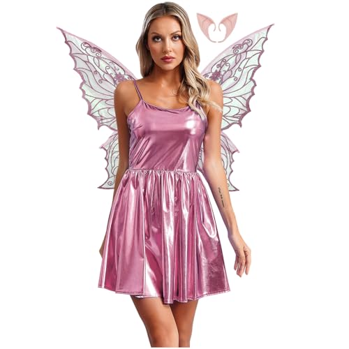 Rswnyirn Damen Metallic Feen Kostüm Elfen Rollenspiel Kostüm Minikleid A-Linien Kleid mit Flügel Fasching Halloween Kostüm Rosa L von Rswnyirn