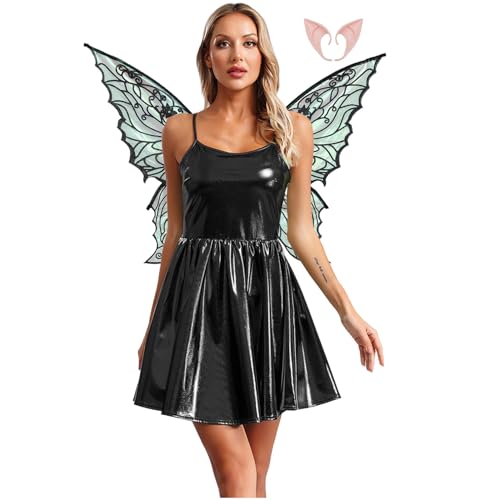 Rswnyirn Damen Metallic Feen Kostüm Elfen Rollenspiel Kostüm Minikleid A-Linien Kleid mit Flügel Fasching Halloween Kostüm Schwarz L von Rswnyirn