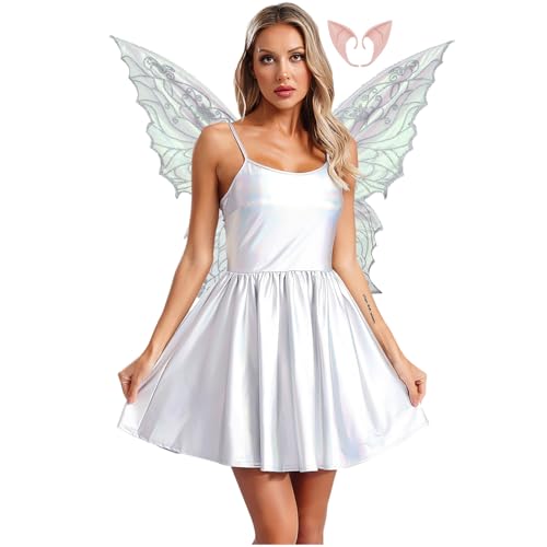 Rswnyirn Damen Metallic Feen Kostüm Elfen Rollenspiel Kostüm Minikleid A-Linien Kleid mit Flügel Fasching Halloween Kostüm Silber L von Rswnyirn