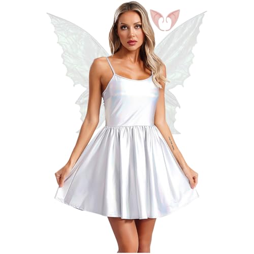 Rswnyirn Damen Metallic Feen Kostüm Elfen Rollenspiel Kostüm Minikleid A-Linien Kleid mit Flügel Fasching Halloween Kostüm Weiß L von Rswnyirn