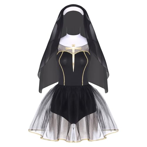 Rswnyirn Damen Nonnen Cosplay Outfit Set Kloster Schwester Rollenspiel Tutukleid mit Haube Mottoparty Halloween Karneval Kostüm Schwarz XL Rswnyirn Damen Nonnen Cosplay Outfit Set Kloster Schwester Rollenspiel Tutukleid mit Haube Mottoparty Halloween Karneval Kostüm Schwarz XL von Rswnyirn