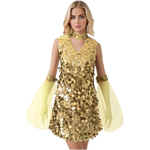 Rswnyirn Damen Pailletten A-Linien Kleid Neckholder Partykleid mit Ausgestellter Ärmeln Hippe Disco Kostüm Fasching Mottoparty Gold L von Rswnyirn