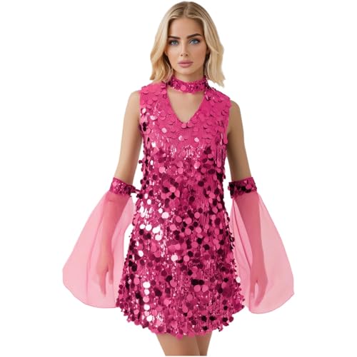 Rswnyirn Damen Pailletten A-Linien Kleid Neckholder Partykleid mit Ausgestellter Ärmeln Hippe Disco Kostüm Fasching Mottoparty Hot Pink L von Rswnyirn