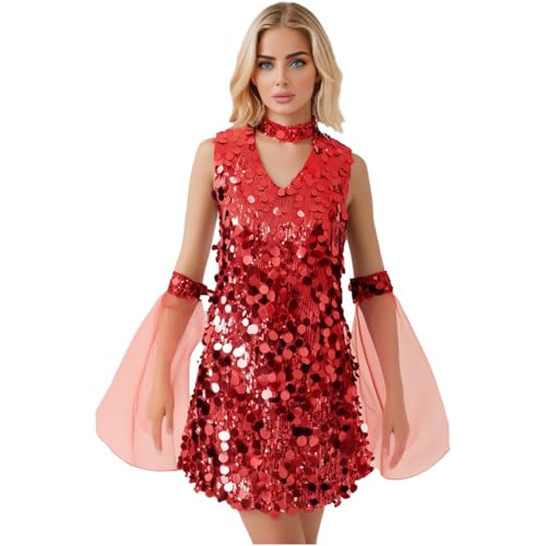 Rswnyirn Damen Pailletten A-Linien Kleid Neckholder Partykleid mit Ausgestellter Ärmeln Hippe Disco Kostüm Fasching Mottoparty Rot L von Rswnyirn