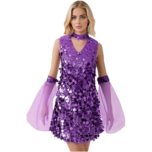 Rswnyirn Damen Pailletten A-Linien Kleid Neckholder Partykleid mit Ausgestellter Ärmeln Hippe Disco Kostüm Fasching Mottoparty Violett L von Rswnyirn