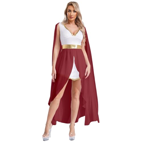 Rswnyirn Damen Römische Göttin Kostüm Kleid Lang Ärmellos Maxikleid Toga Kostüm Halloween Karneval Mottoparty Kostüm Burgundy 3XL von Rswnyirn