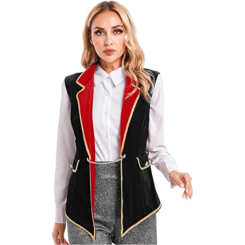 Rswnyirn Damen Zirkus Direktorin Dompteur Kostüm Ärmellos Fracke Jacke Samt Weste Fasching Karneval Rollenspiel Kostüm Schwarz 3XL von Rswnyirn