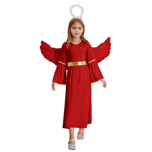 Rswnyirn Engel Kostüm Mädchen Kinder Halloween Verkleidung Kostüm Langarm Kleider mit Zubehör Fasching Karneval Kostüm Rot 122-128 von Rswnyirn