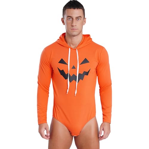 Rswnyirn Herren Halloween Kostüm Lächelnder Kürbis Gesicht Oberteil Hoodies Sweatshirt mit Kapuze Einteiler Bodysusit Hemdbody Orange 3XL von Rswnyirn