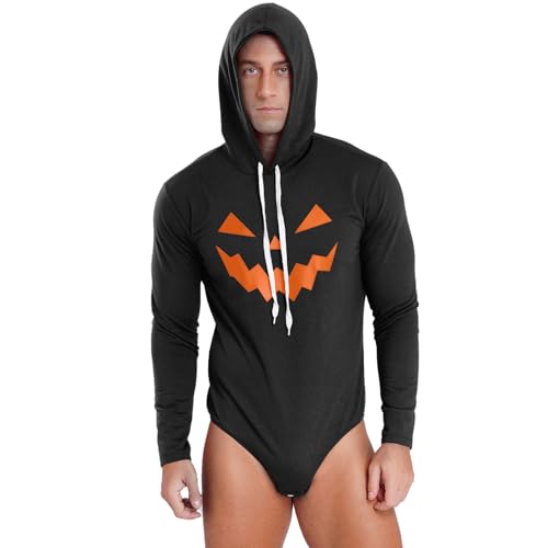 Rswnyirn Herren Halloween Kostüm Lächelnder Kürbis Gesicht Oberteil Hoodies Sweatshirt mit Kapuze Einteiler Bodysusit Hemdbody Schwarz 3XL von Rswnyirn