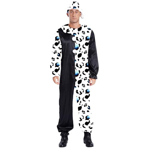 Rswnyirn Herren Horror Clown Kostüm Overall Gestreift Jumpsuit mit Rüschen Kragen mit Hut Halloween Mottoparty Fasching Cosplay Outfit Schwarz&Weiß S Rswnyirn Herren Horror Clown Kostüm Overall Gestreift Jumpsuit mit Rüschen Kragen mit Hut Halloween Mottoparty Fasching Cosplay Outfit Schwarz&Weiß S von Rswnyirn