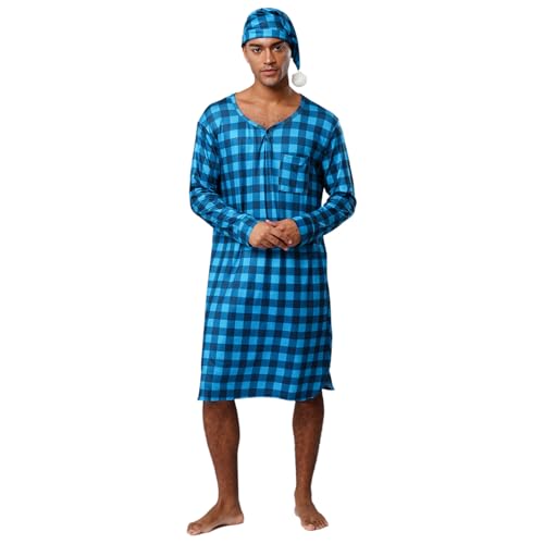 Rswnyirn Herren Kariert Nachthemd Lang Schlafhemd Langarm Robe mit Schlafmütze Loose Fit Pyjama Weihnachten Nachtwäsche Loungewear Blau M Rswnyirn Herren Kariert Nachthemd Lang Schlafhemd Langarm Robe mit Schlafmütze Loose Fit Pyjama Weihnachten Nachtwäsche Loungewear Blau M von Rswnyirn