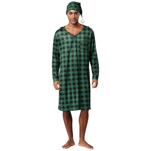 Rswnyirn Herren Kariert Nachthemd Lang Schlafhemd Langarm Robe mit Schlafmütze Loose Fit Pyjama Weihnachten Nachtwäsche Loungewear Grün XXL Rswnyirn Herren Kariert Nachthemd Lang Schlafhemd Langarm Robe mit Schlafmütze Loose Fit Pyjama Weihnachten Nachtwäsche Loungewear Grün XXL von Rswnyirn