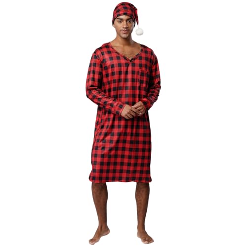 Rswnyirn Herren Kariert Nachthemd Lang Schlafhemd Langarm Robe mit Schlafmütze Loose Fit Pyjama Weihnachten Nachtwäsche Loungewear Rot XXL Rswnyirn Herren Kariert Nachthemd Lang Schlafhemd Langarm Robe mit Schlafmütze Loose Fit Pyjama Weihnachten Nachtwäsche Loungewear Rot XXL von Rswnyirn