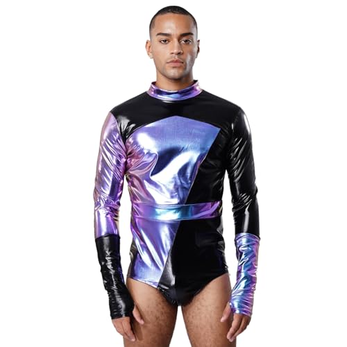 Rswnyirn Herren Langarmbody Einteiler Bodysuit Leotard mit Armelstulpen Glänzend Shiny Disco Tanz Kostüm Festival Rave Kleidung Blau XL Rswnyirn Herren Langarmbody Einteiler Bodysuit Leotard mit Armelstulpen Glänzend Shiny Disco Tanz Kostüm Festival Rave Kleidung Blau XL von Rswnyirn
