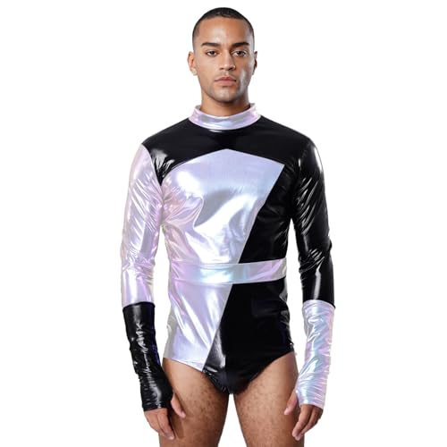 Rswnyirn Herren Langarmbody Einteiler Bodysuit Leotard mit Armelstulpen Glänzend Shiny Disco Tanz Kostüm Festival Rave Kleidung Silber M Rswnyirn Herren Langarmbody Einteiler Bodysuit Leotard mit Armelstulpen Glänzend Shiny Disco Tanz Kostüm Festival Rave Kleidung Silber M von Rswnyirn