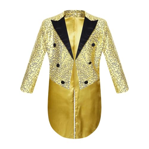 Rswnyirn Jungen Frack Jacke Pailletten Glitzer Smoking Mantel Gehrock Kinder Karneval Fasching Silvester Zirkus Show Outfit Gold 122-128 von Rswnyirn