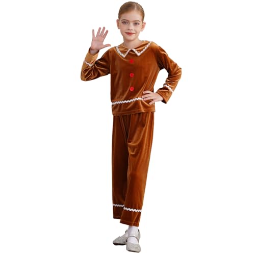 Rswnyirn Mädchen Weihnachten Lebkuchenmann Outfit Samt Oberteil mit Hose Weihnachtsoutfits Kinder Rollenspiel Verkleidung Karneval Braun 110-116 von Rswnyirn