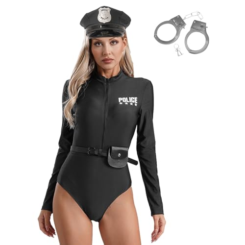 Rswnyirn Polizei Kostüm Damen Erwachsene Uniform Rollenspiel Kostüm Bodysuit mit Zubehör Halloween Fasching Karneval Kostüm Schwarz 3XL von Rswnyirn