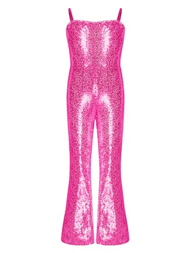 Rswnyirn Shiny Metalic Mädchen Romper Overall Bodysuit Einteiler Jumpsuit Verstellbar Träger Bell Bottom Dress Up Halloween Kostüm Hot Pink 122-128 von Rswnyirn