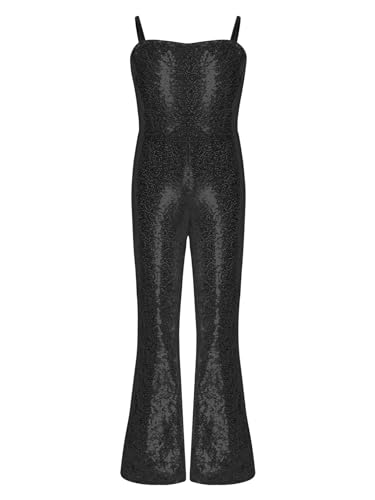 Rswnyirn Shiny Metalic Mädchen Romper Overall Bodysuit Einteiler Jumpsuit Verstellbar Träger Bell Bottom Dress Up Halloween Kostüm Schwarz 146-152 von Rswnyirn