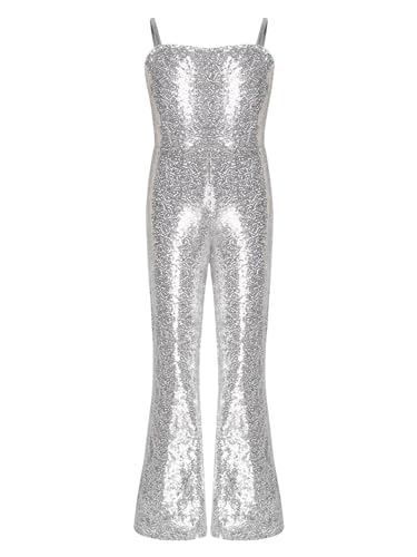 Rswnyirn Shiny Metalic Mädchen Romper Overall Bodysuit Einteiler Jumpsuit Verstellbar Träger Bell Bottom Dress Up Halloween Kostüm Silber 146-152 von Rswnyirn