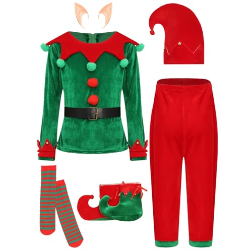 Rswnyirn Unisex Kinder Elfen Kostüm Weihnachtsoutfit Weihnachtselfen Rollenspiel Outfit Set Langarm Oberteil Hose mit Zubehör Xmas Mottoparty Kleidung Grün 110-116 von Rswnyirn