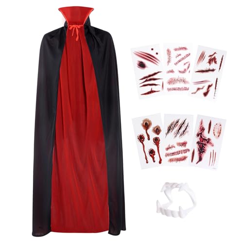 Rthjsfj Vampir-Kostüm-Set für Erwachsene, Unisex, wendbar, Umhang mit Vampirzähnen, Tattoo-Narbe für Halloween, Kostümparty, 8-teilig von Rthjsfj